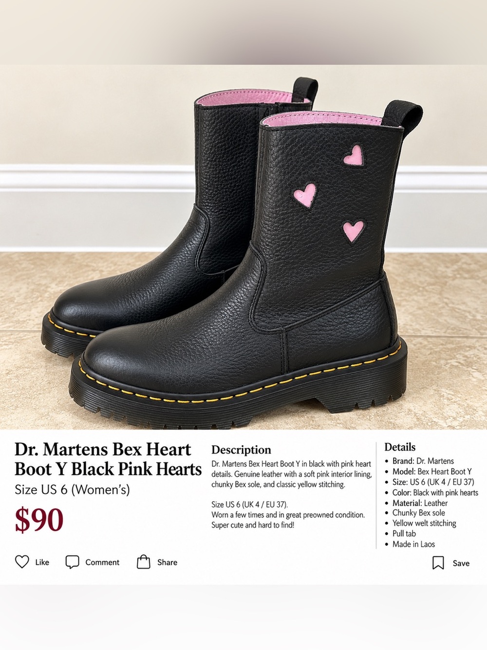 Dr. Martens Bex Heart Pull-On Boots Black Pink Hearts Women’s 6